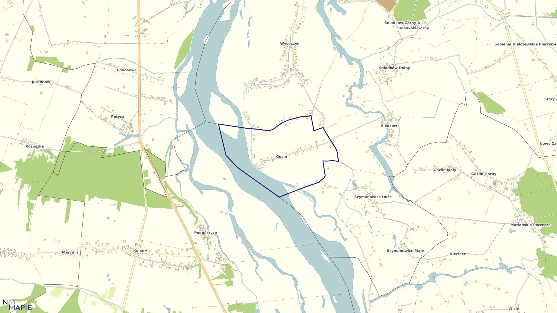 Mapa obrębu GUSIN w gminie Sobienie-Jeziory